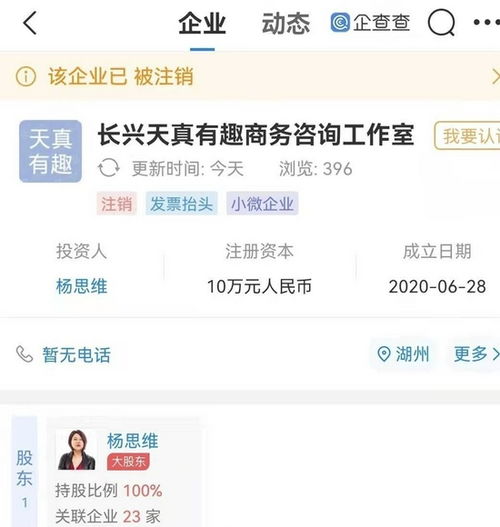 楊天真商務咨詢工作室工商變更 經營狀態(tài)為注銷